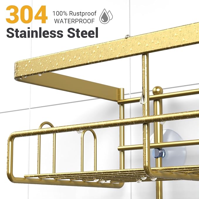 AKTECKE Shower Caddy Hanging Bathroom Organizer: Rustproof Shelf for Inside Shower - No Drilling Racks Over Showerhead - Bath Shelves for Shampoo Soap Gold - Image 3