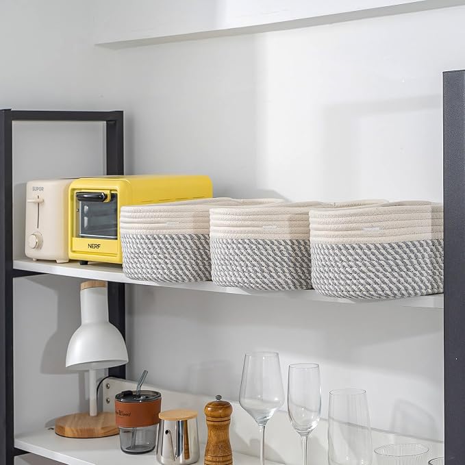 CubesLand Small Baskets, Storage Baskets for Organizing Shelves, Rectangular Woven Storage Basket Natural Cotton Rope Bins Closet Baby Nursery Empty Gifts Basket Off White/Mixed Gray - Image 7