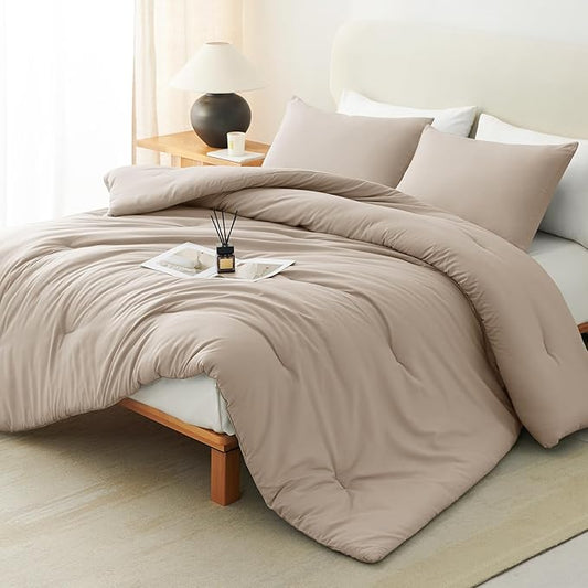 CozyLux Queen Comforter Set Wheat, 3 Pieces Solid Comforters Queen Size Breathable Quilted Bedding Sets, Luxury Soft Lightweight Bed Set with Down Alternative Comforter and 2 Pillowcases All Seasons