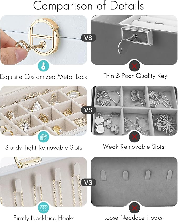 Vlando Jewelry Box Organizer for Women Girl,Lockable Jewelry Case Boxes with 2 Layers,Earrings Necklace,Rings Storage,Gift Box Packaging,Wedding Birthday Gifts Ideas Blue - Image 3