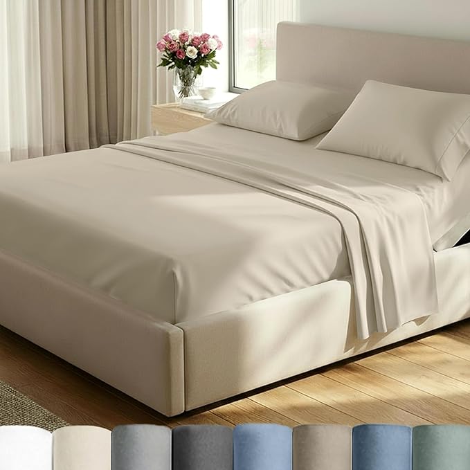 California Design Den Split King Sheets Sets for Adjustable Bed - 600 Thread Count Sateen, 100% Cotton Sheet & Pillowcase Sets, Deep Pockets, Soft and Durable Bedding - Beige