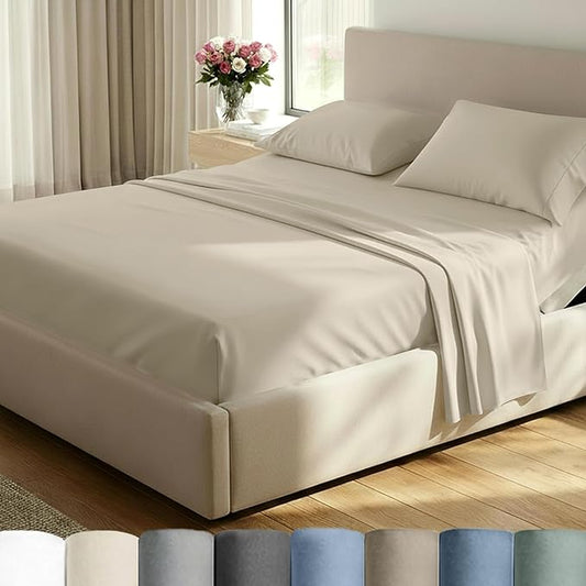 California Design Den Split King Sheets Sets for Adjustable Bed - 600 Thread Count Sateen, 100% Cotton Sheet & Pillowcase Sets, Deep Pockets, Soft and Durable Bedding - Beige