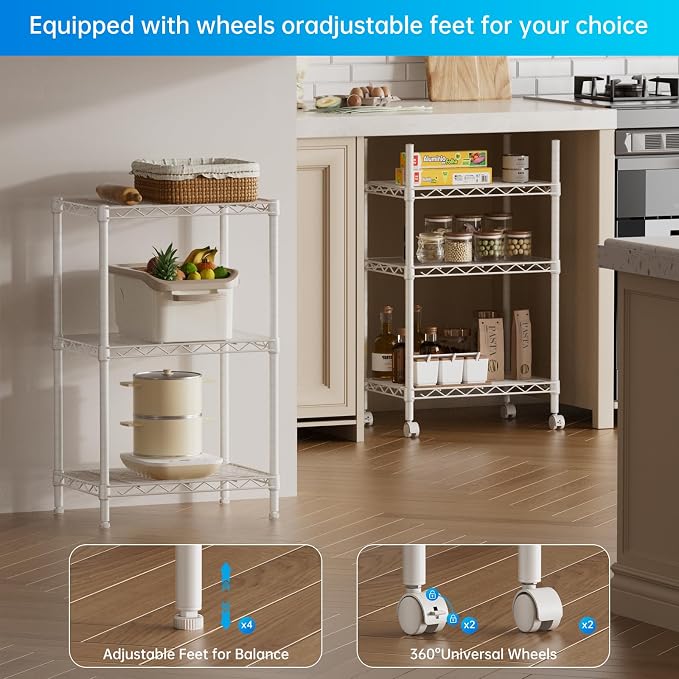 SINGAYE 3 Small Shelves Storage Shelf Wire Shelving Unit Metal Shelf Adjustable Organizers Storage Shelving with Wheels for Bathroom Laundry Room Kitchen Pantry11.5”D x 17.3”W x 30”H White - Image 5