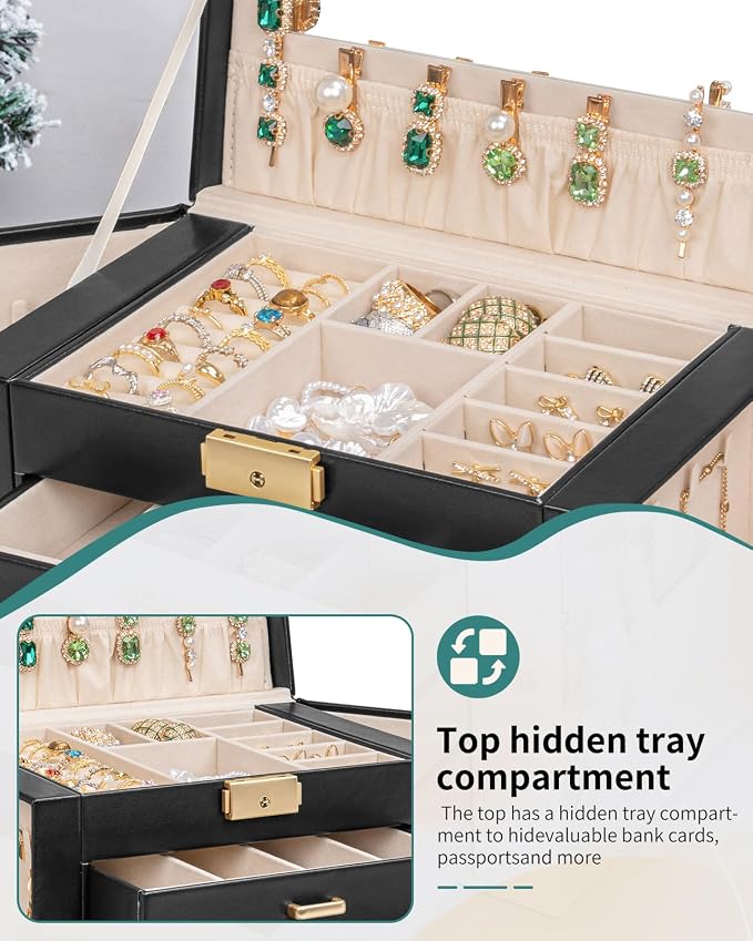 AKOZLIN Large 4-Tier Jewelry Box Leather Jewelry Storage Organizer with 3 Drawers Lockable for Women Girls Ring Necklace Earring Bracelet Watches Holder with Mirror Black - Image 4