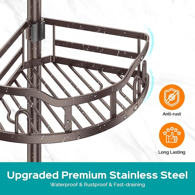 HAMITOR Corner Shower Caddy Tension Pole: Rustproof Stable 4-Tier Bathroom Organizer Shelves for Bathtub Shampoo Storage - 47-121 Inch Quick Install Adjustable Standing Rack with Soap Rack - Bronze - Image 5