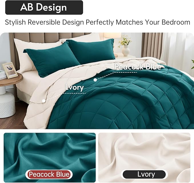 MUXHOMO 7 Pieces Queen Comforter Set, Reversible Bed in a Bag Queen Size, All Season Bedding Set with Comforter, Flat Sheet, Fitted Sheet, Pillowcases & Shams, Peacock Blue & Ivory