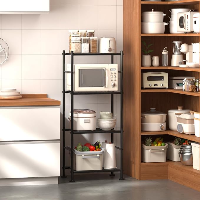 Sakugi Storage Shelves - Set of 2, 4-Tier Metal Shelf Organizer, Space-Saving Garage Shelving with Leveling Feet, Standing Shelves Organizer for Kitchen, Laundry, Pantry (18.1"x12.3"x44.1", Black) - Image 5