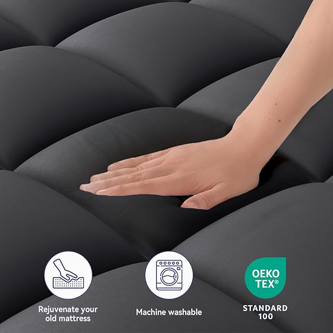 ELEMUSE Full Black Mattress Topper for Back Pain, Extra Thick Mattress Pad Cover, Plush Soft Pillowtop with Elastic Deep Pocket, Overfilled Down Alternative Filling