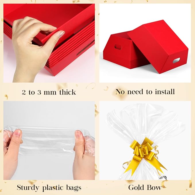 AFOROEOA 10PACK Red Baskets For Gifts Empty, 10x12”Thick Kraft Gift Basket with 10 Bows 10 Bags Empty Gift Baskets for Christmas, Easter, Birthdays, Snacks, Farmers Market - Image 5