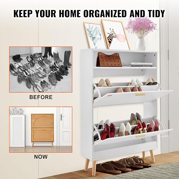 VEVOR Shoe Storage Cabinet for Entryway, 31.5" D x 9.4" W x 47.3" H, White - Image 6