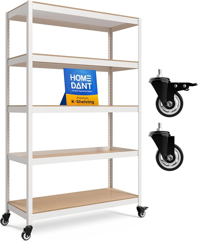 HOMEDANT House 48.1" 5-Tier Metal Rolling Cart Shelf Rack Casters Heavy Duty Laminated Wheel Shelving Unit Adjustable Utility Storage Shelves Shelf Kitchen Garage White 1Pack by TheBestOrganizingSolution