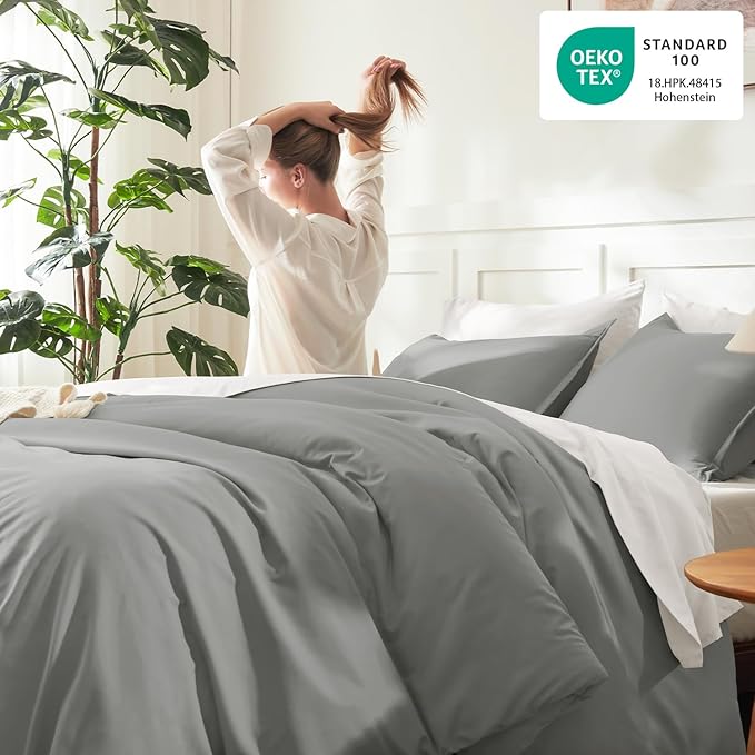 Litanika Comforters Medium Gray King Size, 3 Pieces Lightweight Solid Bedding Set & Collections, All Season Fluffy Bed Set (104x90In Comforter & 2 Pillowcases)