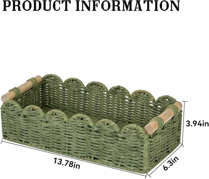 Upgraded Paper Rope Scalloped Edge Toilet Paper Storage Basket, Small Living Room, Bedroom Decor Baskets for Over Toilet Storage Shelf, End Table, Shelves and More, with 2 Wooden Handle (Green) - Image 7