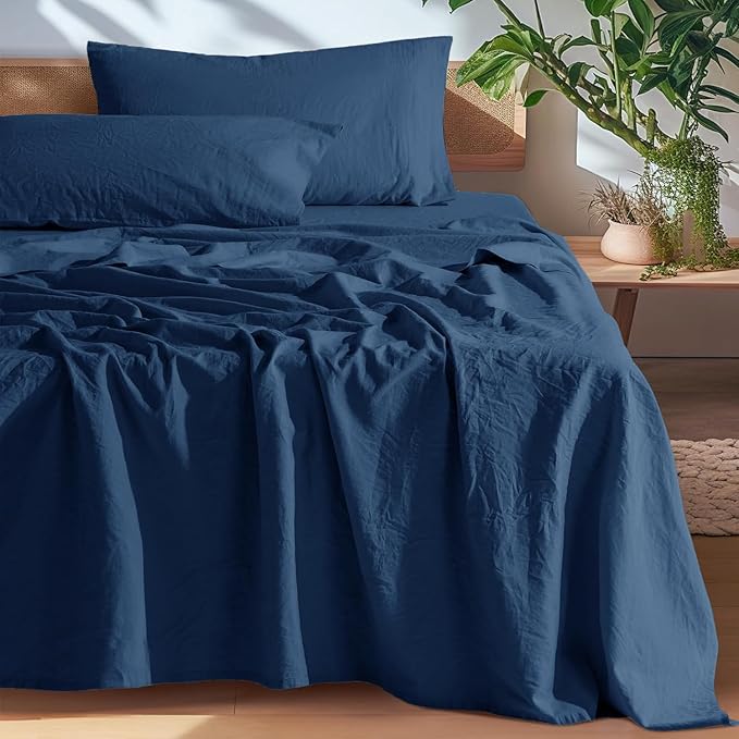 SONORO KATE 100% French Pure Linen Sheets, Breathable and Durable Linen King Size Sheets, Anti-Tear Linen Bed Sheets, Machine Washable, 16 Inch Deep Pocket - 4 Piece (Navy Blue, King)