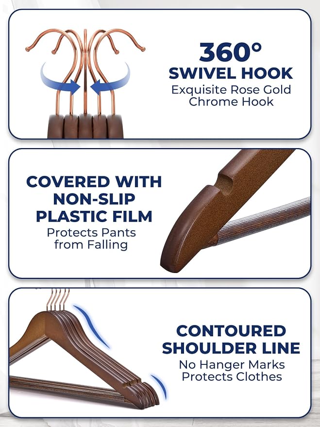 Smartor Wooden Hangers 20 Pack, Solid Wood Coat Hanger for Closet, Heavy Duty Wood Hangers for Suits, Shirts, Dresses, with 360° Rose Gold Hook, Non Slip Pant Bar, Walnut - Image 3