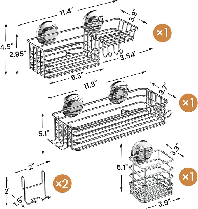 LEVERLOC Shower Caddy Suction Cup, 3 Pack Heavy Duty Bathroom Organizer for Inside Shower with Hooks & Soap Holder, Removable Bathroom Organizer, Rustproof Silver Holder Storage Storage,Silver - Image 3
