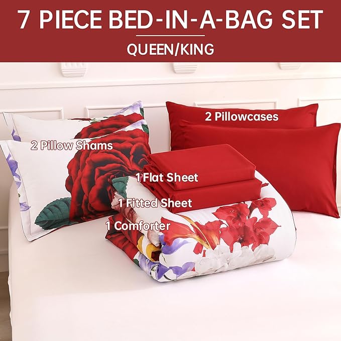 Drucon Red Floral Comforter Queen Size 7 Pieces Valentine's Day Bedding Sets Bed in a Bag, Botanical Floral Comforter with Sheet Set, Soft Microfiber Bedding Set for All Season (Red, 90"x90")