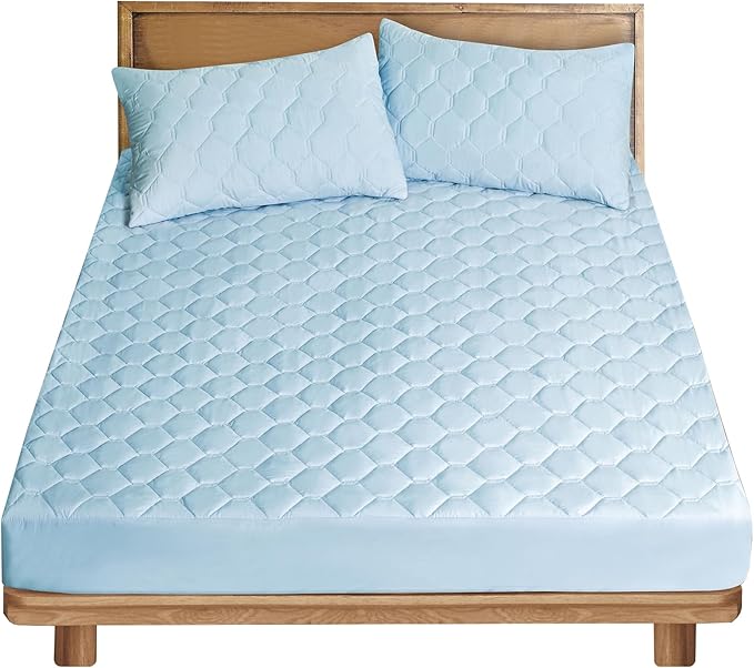 Bedding Quilted Fitted Mattress Cover, Elastic Fitted Mattress Protector, Mattress Pad Stretches up to 12 Inches Deep, Machine Washable Mattress Topper (Blue, Queen)