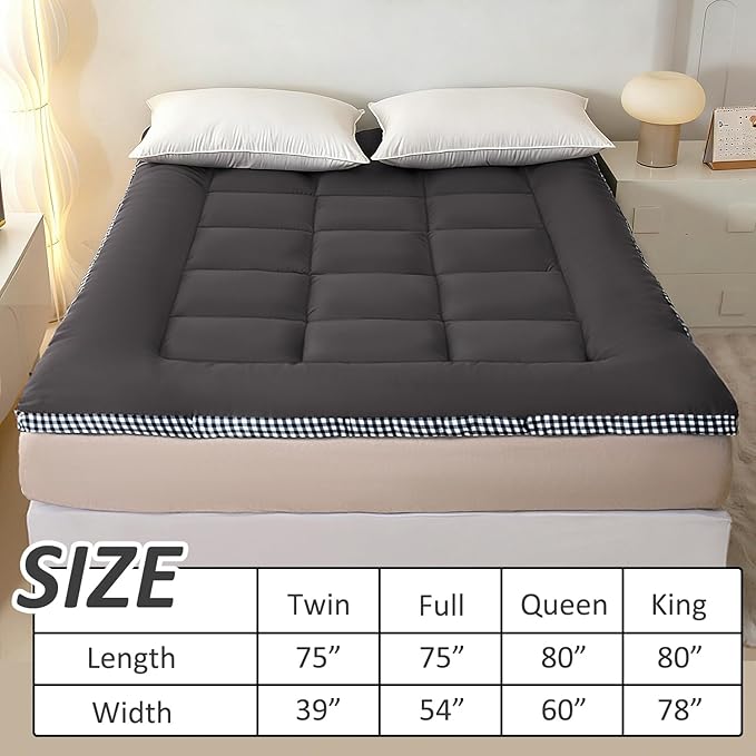 Thick Mattress Topper Queen Size - Non-Slip Mattress Pad Cover for Back Pain Breathable Folding Sleeping Pad Machine Washable Mattress Protector (60x80 inch,Black)