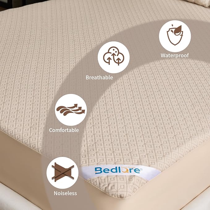 BEDLORE King Size Mattress Protector, Waterproof Noiseless Mattress Cover with Stretchable Pockets for 6-15 inches Mattress, Soft Breathable Mattress Pad for College Dorm (Beige)