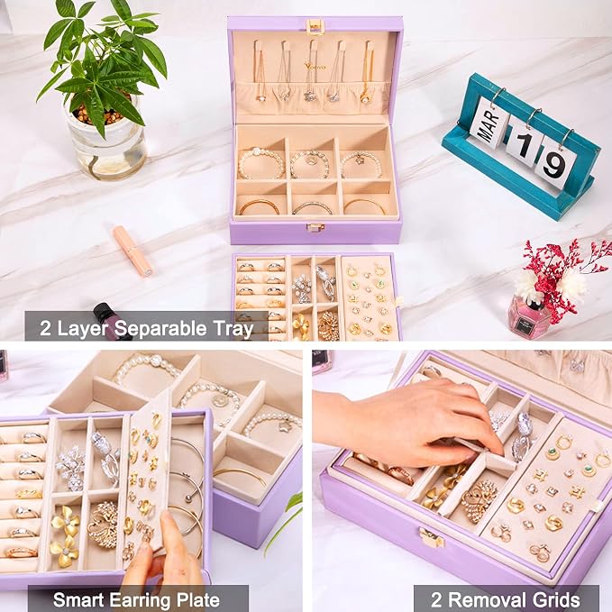 Voova Jewelry Box Organizer for Women Girls, 2 Layer Large Men Jewelry Storage Case, PU Leather Display Jewellery Holder with Removable Tray for Necklace Earrings Rings Bracelets,Vintage Gift,Lavender - Image 3