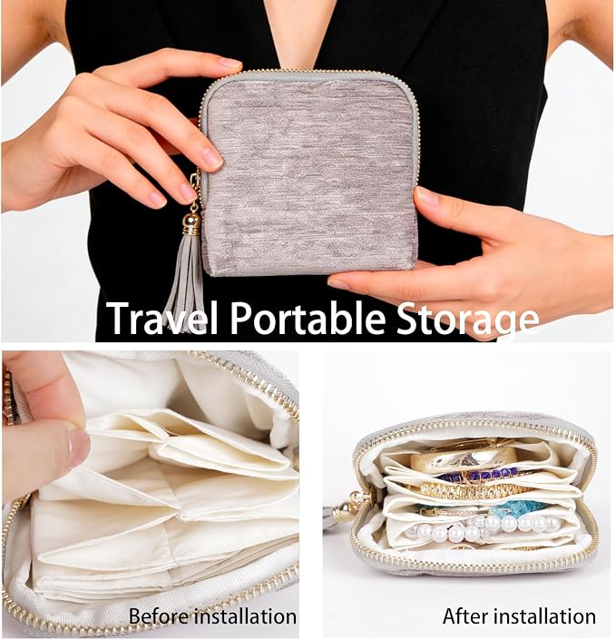 ASINGYER Travel Jewelry Storage Bag for Women, Velvet Portable Jewelry Organizer with Tassel Zipper, Small Pouches for Bracelets Necklaces Rings Earrings, Wedding Gift for Women (silver) - Image 3
