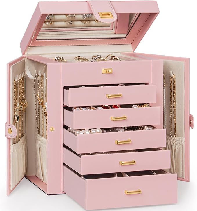AKOZLIN 6-Tier Jewelry Box Organizer Functional 5 Drawers Leather Jewelry Storage Case for Women Girls Ring Necklace Earring Bracelet Holder Organizer with Mirror Pink by AKOZLIN