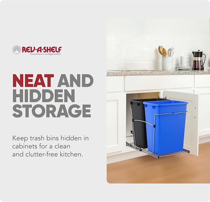 Rev-A-Shelf RV-18KD-2218C-S Double Pullout Trash Cans for Kitchen Cabinets 35 Quart Garbage Recycling Bin on Full Slides, Blue/Black - Image 5