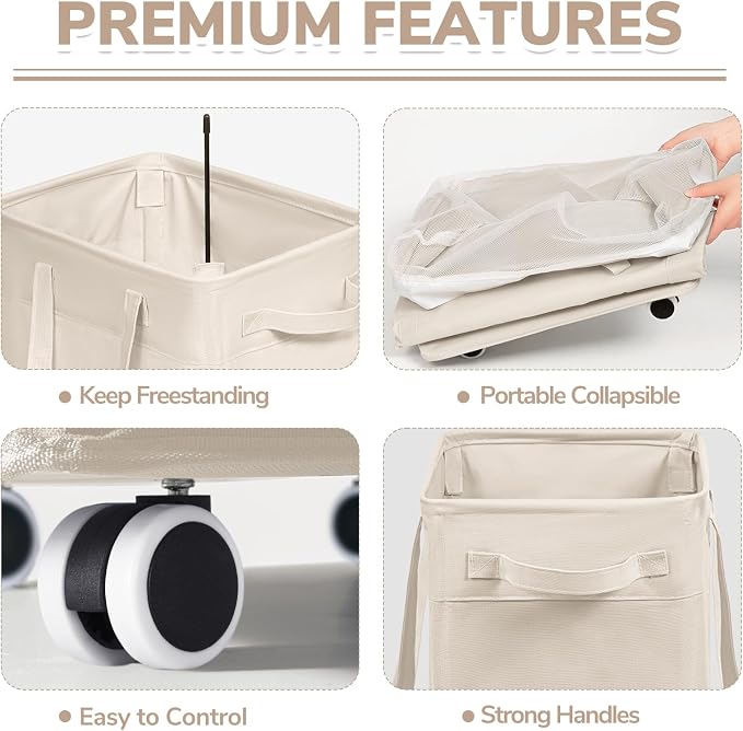 CHICVITA Collapsible Laundry Basket on Wheels 75L, Slim Laundry Hamper with Removable Wash Bag for Bedroom, Clothes Hampers for Laundry, Ivory - Image 3