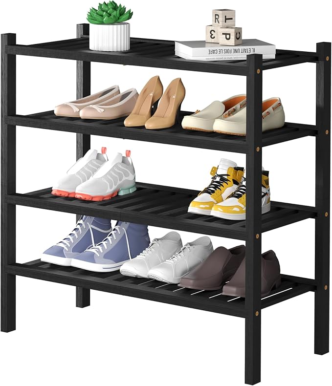 ROMGUAR CRAFT 4 Tier (Thick) Bamboo Shoe Rack for Closet Free Standing Wood Shoe Shelf for Entryway Small Space Stackable 27"x12"x28" (Blackl) by ROMGUAR+CRAFT
