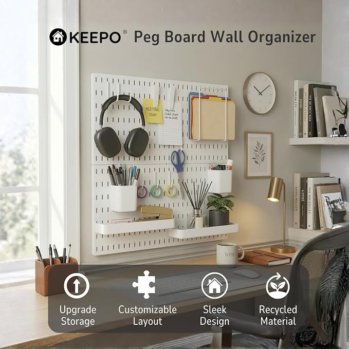Keepo Peg Board Wall Organizer – Plastic Pegboard Panels, Modular Peg Board Storage System for Home Office, Craft Room, Gaming Setup (White, 22″×22″) - Image 2