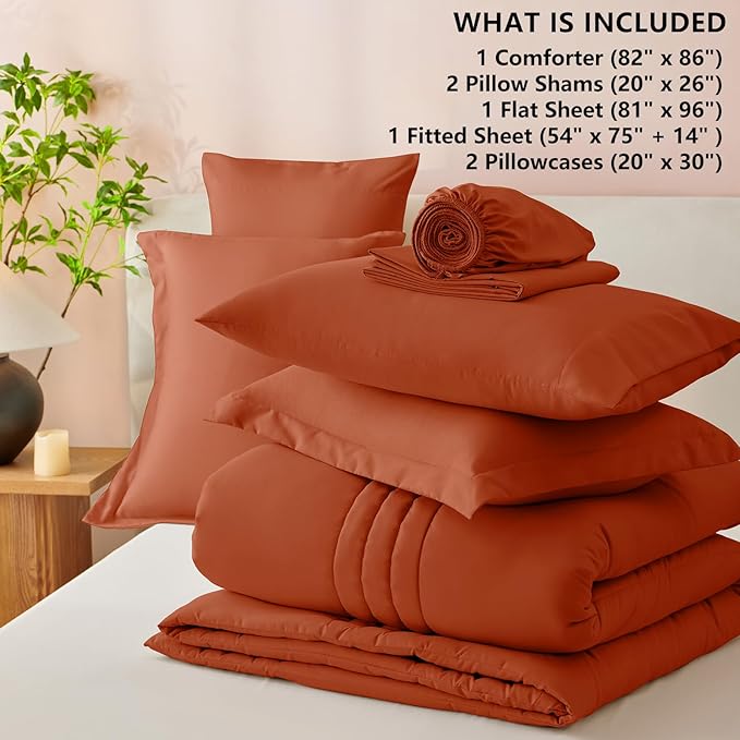 CozyLux Full Size Comforter Sets - 7 Piece Bed in a Bag Terracotta Comforter Set with Sheets Bed Set All Seasons, Soft Bedding Set with Down Alternative Comforter, Sheets, Pillowcases & Shams