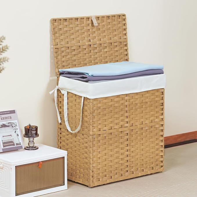 DUMOS Wicker Laundry Basket with Lid, 110L Woven Laundry Hamper with Handles, Foldable Rattan Clothes Hamper with Removable Liner & Sturdy Steel Frame, Goose Yellow - Image 3