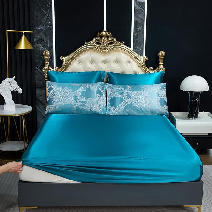 Jacquard Queen Comforter Set Peacock Green Sheet Set Satin Bedding Set 8 Pcs Embroidery Neoclassical Floral Bed Home Decor Soft Down Comforter Luxury Hotel Silky Bed in a Bag with 1 Cushion Cover