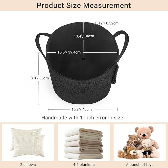 Mkono Woven Storage Basket Decorative Natural Rope Basket Wooden Bead Decoration for Blankets,Toys,Clothes,Shoes,Plant Organizer Bin with Handles Living Room Home Decor, 16" W×13.8" L, Black - Image 7
