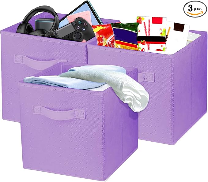 3 Pcs Storage Cubes, 10.5 Inch Collapsible Storage Bins, Fabric Foldable Bins for Organization, Durable Storage Bins for Closet, Shelves, Offices (Light Purple) by Zuihug