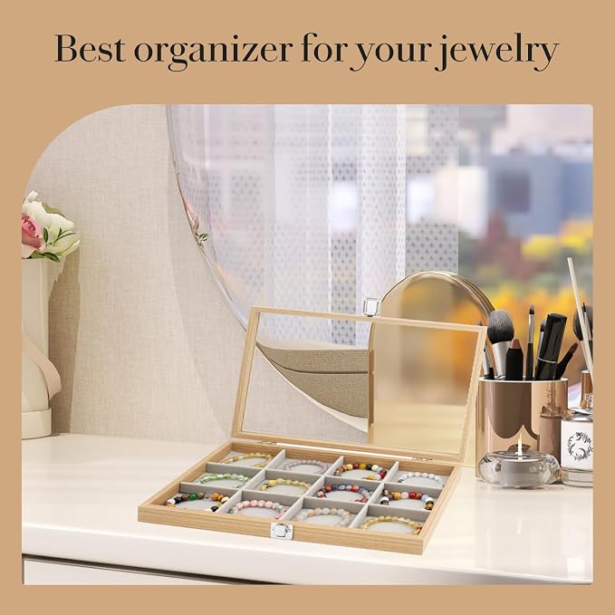 KOOAAICCHI Jewelry Organizer Tray 12 Grid Velvet Jewelry Storage Box with Clear Lid Jewelry Display Case with Lock Bracelet Earring Ring Organizer Showcase Gifts for Girls Women-12 Grid Wooden Beige - Image 5
