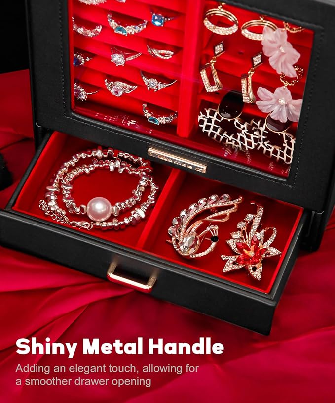 Homde Jewelry Organizer Girls Women Jewelry Box for Necklaces Rings Earrings Gift Bracelets Storage Case (Black + Red + Gold) - Image 7