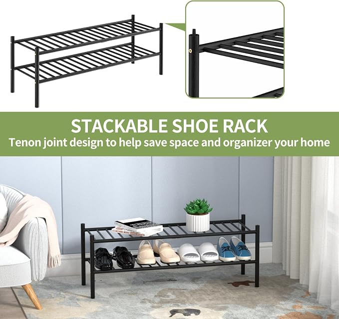 ROMGUAR CRAFT 2-Tier Bamboo Long Shoe Rack, Free Standing Wood Shoe Shelf Storage Organizer for Closet Entryway Stackable 35"x11"x13" (Black) - Image 6