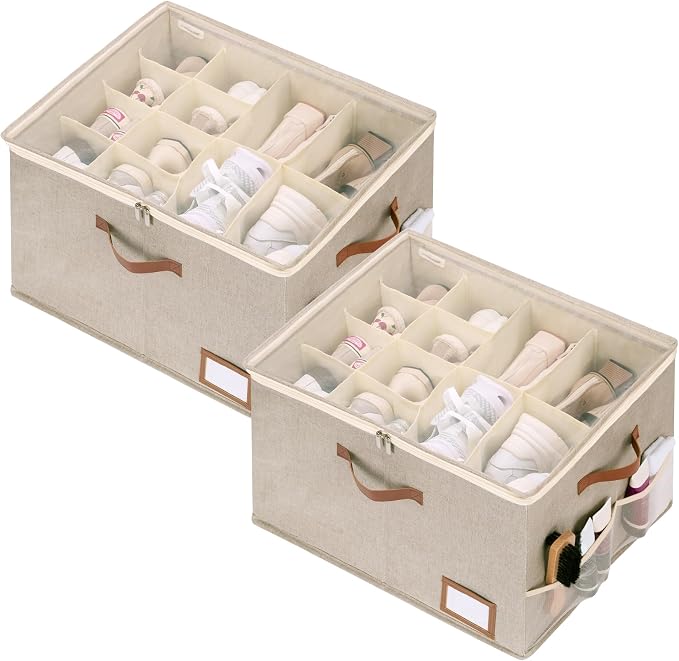 StorageWorks Shoe Organizer for Closet, 2 Pack Shoe Storage Boxes with Clear Lid, Stackable Shoe Storage Organizer for Sandals and Slippers, Fabric Shoe Bins for Closet, Holds 16–32 Pairs, Taupe by StorageWorks