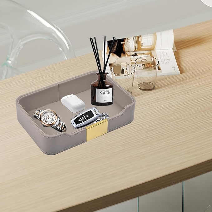 Luxury Leather Valet Tray Desktop Storage Organizer,Bedside Vanity Catchall Tray Nightstand Caddy Holder for Cosmetic,Jewelry,Watch,Keys,Phone,Wallet,Remote Controller,Pen,Gray - Image 9