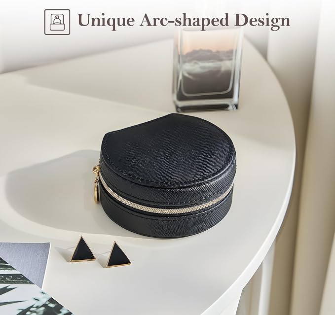 ProCase Travel Size Jewelry Box, Mini Portable Seashell-Shaped Jewelry Case with Mirror, 2 Layer Organizer in PU Leather for Women -Black - Image 4