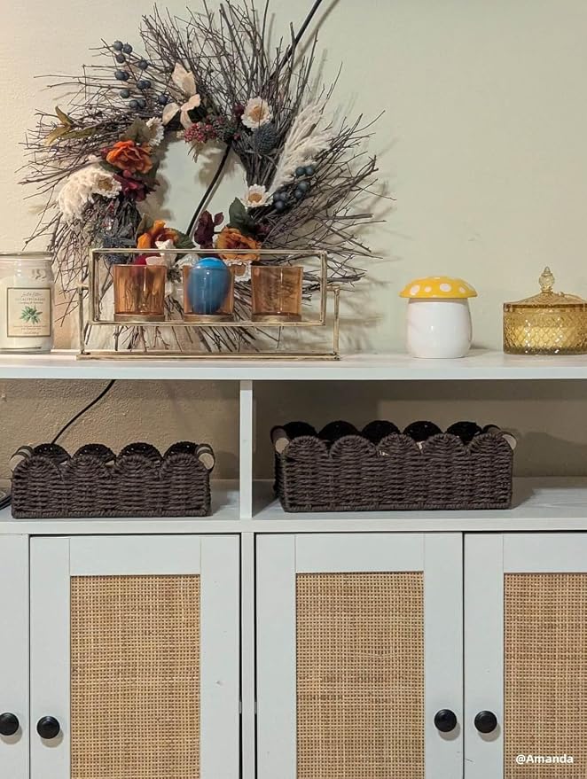 CubesLand Toilet Paper Storage Organizer Basket, Scalloped Decorative Baskets for Over Toilet Shelves, Wicker Small Basket Perfect for Home Countertop Storage & Decor, Living Room Shelf Decor, Brown - Image 2
