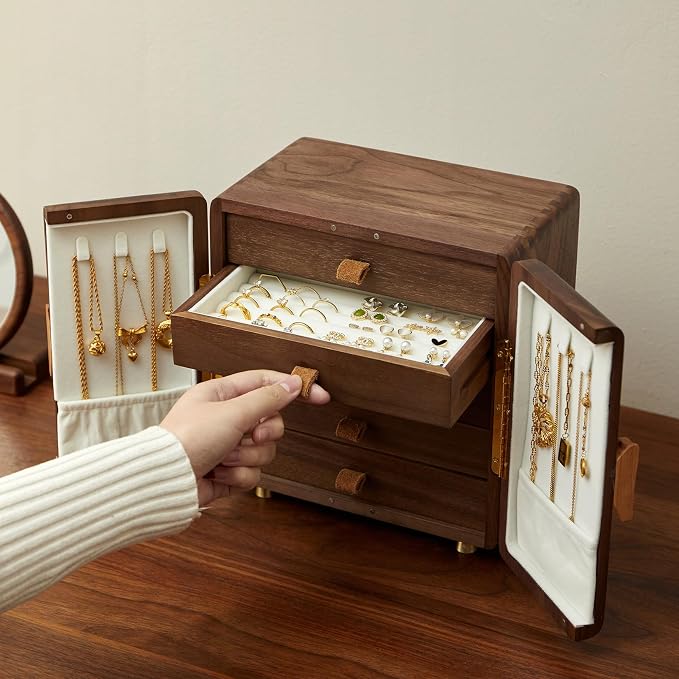 Solid Black Walnut Wood Jewelry Box for Women & Men, Large Velvet Lined Wooden Jewelry Organizer with 5 Drawers, Hand Carved Ginkgo Leaf Handles, Double Door Wardrobe Design - Image 4