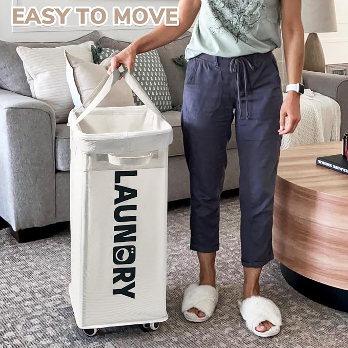 CHICVITA 2-Pack Laundry Baskets with Wheels and Handle,75L Collapsible Clothes Basket with Removable Wash Bags for Dorms and Corners, White Rolling Laundry Hamper - Image 6