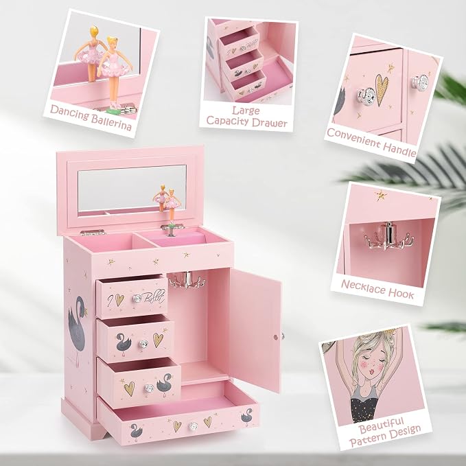Jewelry Box for Girls 8.9 x 4.92 x 10.98 inch Large 5 Layer Music Box with Spinning Ballerina with Unicorn Necklace & Bracelet Set Jewelry Organizer for Kids Birthday Christmas Gift Pink - Image 2