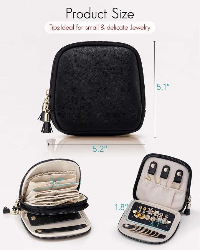 VLANDO Travel Jewelry Case,2-Layer Jewelry Organizer for Travel,Mothers Day Mom Gifts Teacher Gift,Multi-Compartment Jewelry Storage for Rings Earrings Necklaces Bracelets-Black - Image 6