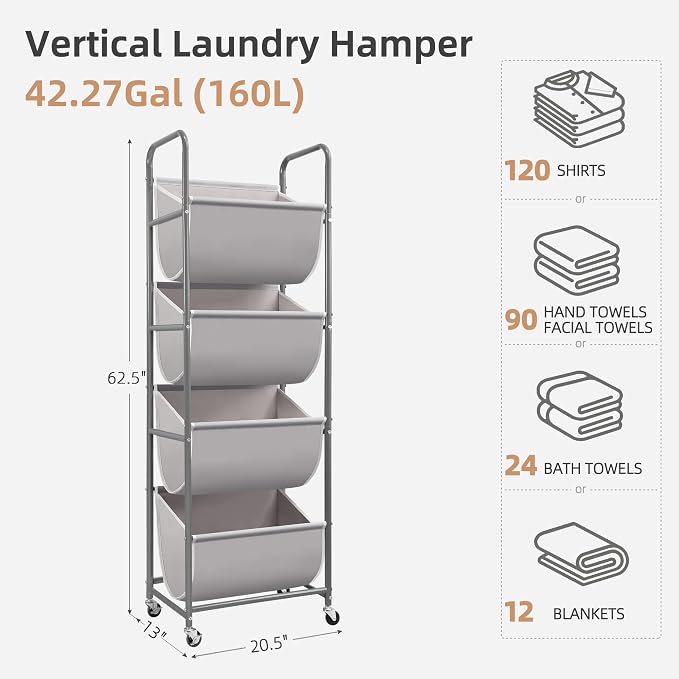 STORAGE MANIAC Vertical Rolling Laundry Hamper, 4 Section Laundry Sorter with Wheels and 2 Breaks, 4-tier Laundry Baskets for Small Space, Dorm, Laundry Room, Closet, Bathroom, Gray 4-tier - Image 4