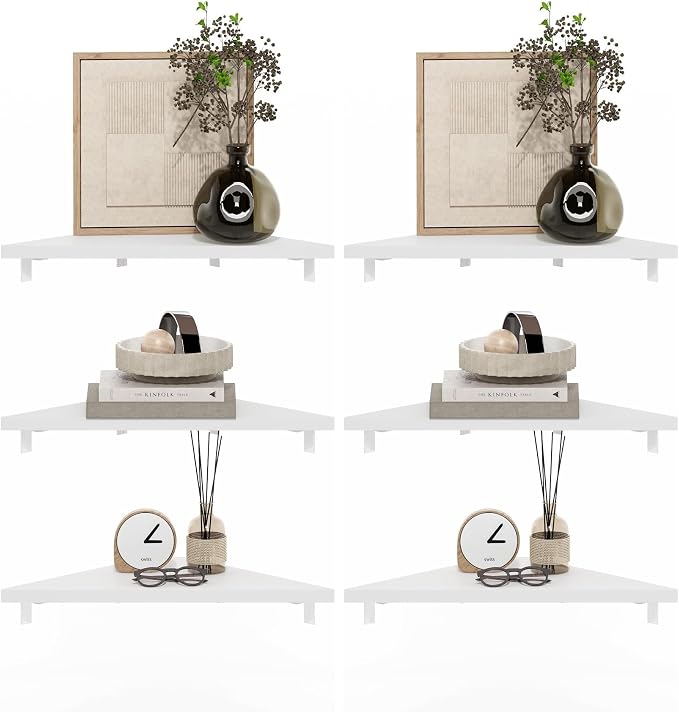 Furinno Rossi Triangle Corner Floating Shelves, Wall Mount Display Shelf, White, Set of 3 (Pack of 2) by Furinno-FitsYourSpaceFitsYourBudget