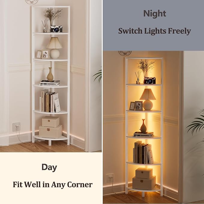 Furnulem 6 Tier Corner Shelf with LED Light, 67.5” Tall Standing Shelf Organizer, White Narrow Bookshelf with Storage Rack for Wall Corner, Living Room, Bedroom, Metal Frame, Wood Display Shelf - Image 6